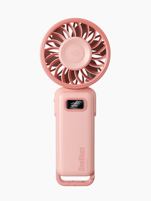 Roze Diveblues AIR oplaadbare handventilator met Crab-Claw™ karabijnhaak, Horizon-Flip™ 180° vouwontwerp en Sea-Breeze™ traploze 1-100 snelheid.