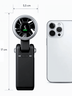afmetingen jetforce cyclone handventilator naast een iphone ter vergelijking