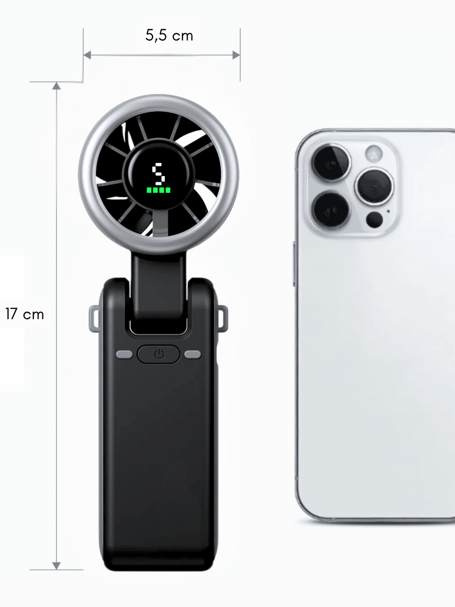 afmetingen jetforce cyclone handventilator naast een iphone ter vergelijking