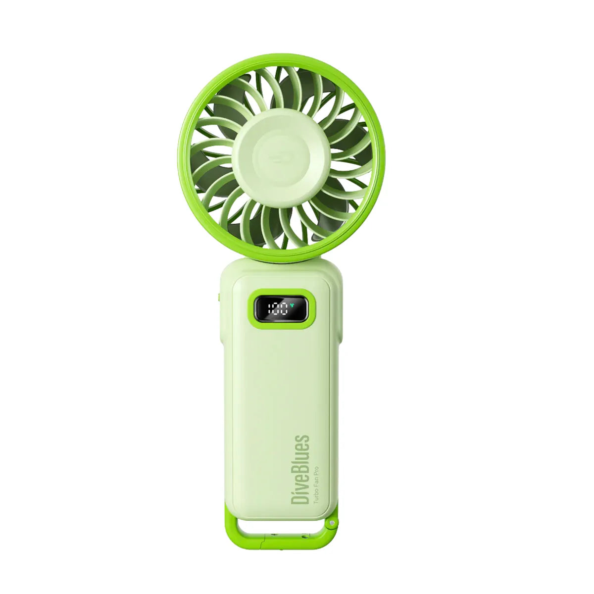 Groene Diveblues AIR oplaadbare handventilator met Crab-Claw™ karabijnhaak, Horizon-Flip™ 180° vouwontwerp en Sea-Breeze™ traploze 1-100 snelheid.