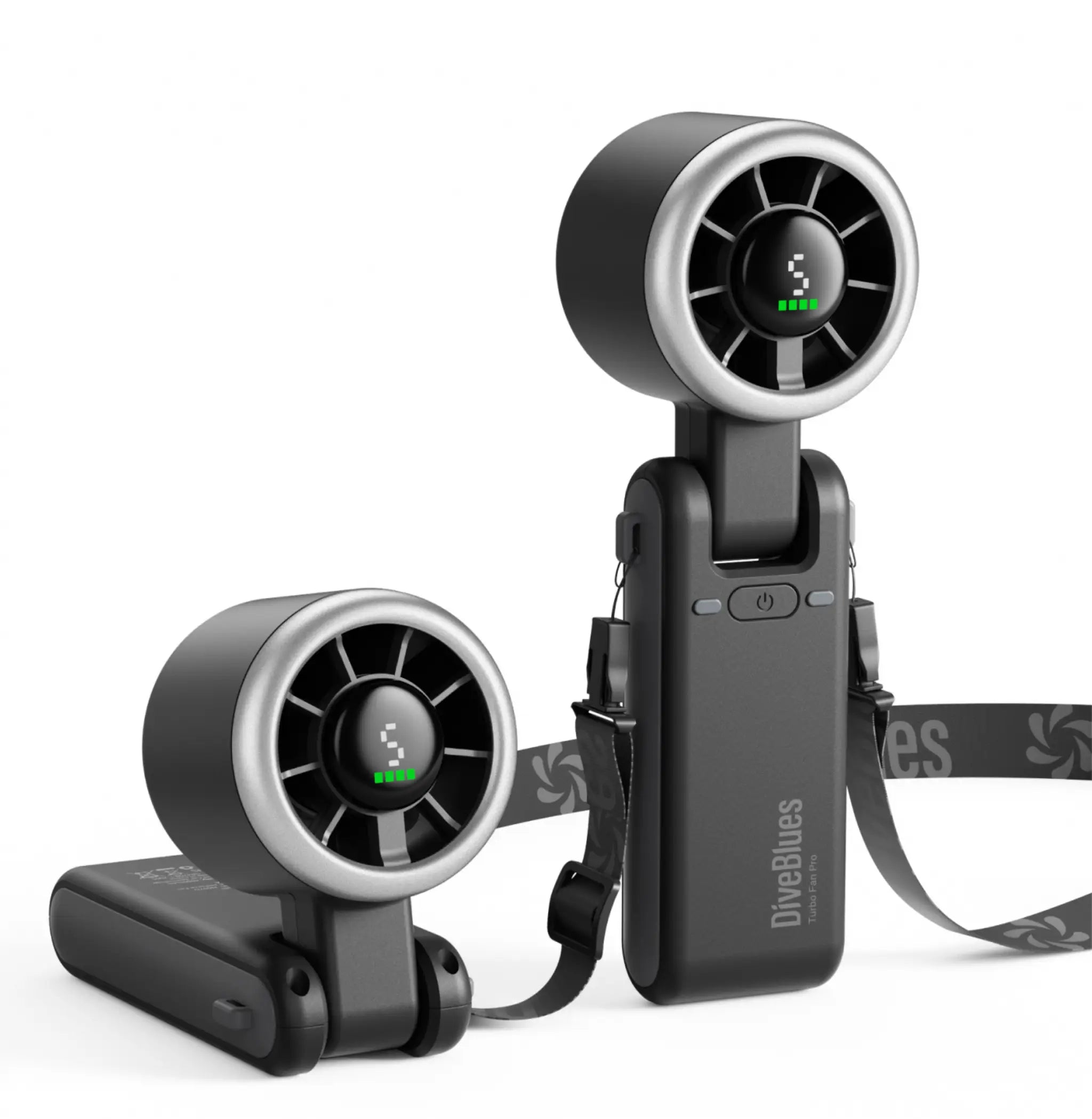 Zwarte Diveblues CYCLONE handventilator met JetForce™ technologie, 10 m/s windsnelheid en 6-blad high-speed rotor.